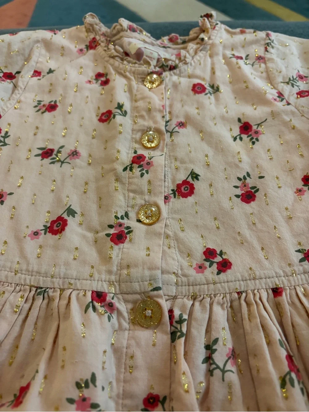 Pink Chicken Cream and Pink Floral Button-Front Dress with Gold Accents